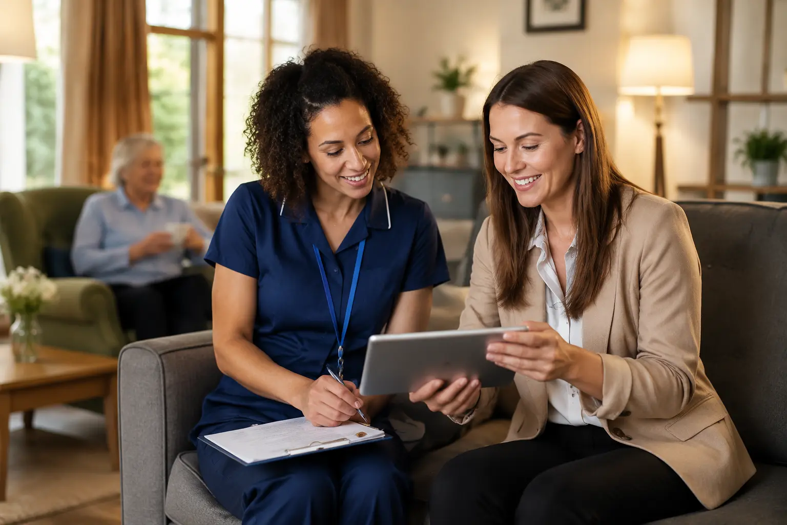 Care consultant reviewing a readiness plan on a tablet with a registered manager